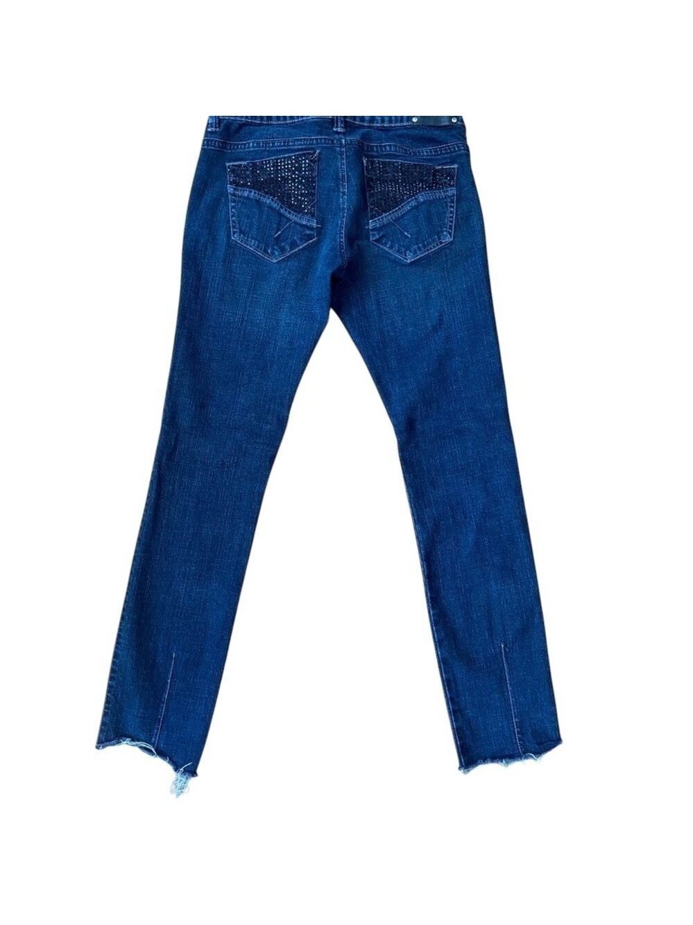 PARASUCO jeans dark blue sequins ripped bottoms size 29 skinny low rise stretchy